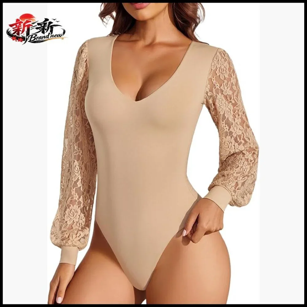 Long Sleeve Bodysuit Double Lined V Neck Lace Puff Sleeves Thong Leotard